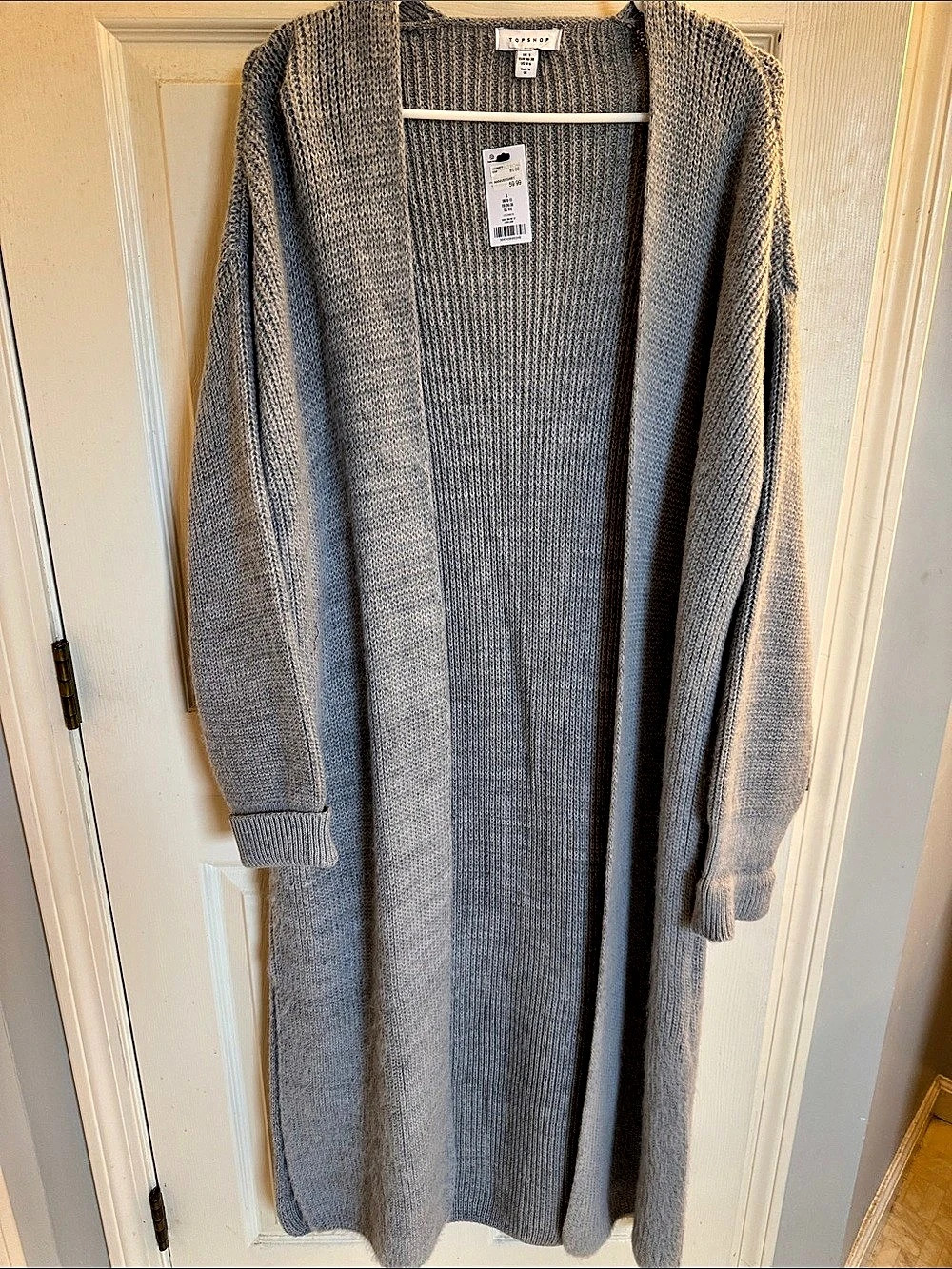 Topshop Ribbed Longline Open Front Cardigan Gray Small